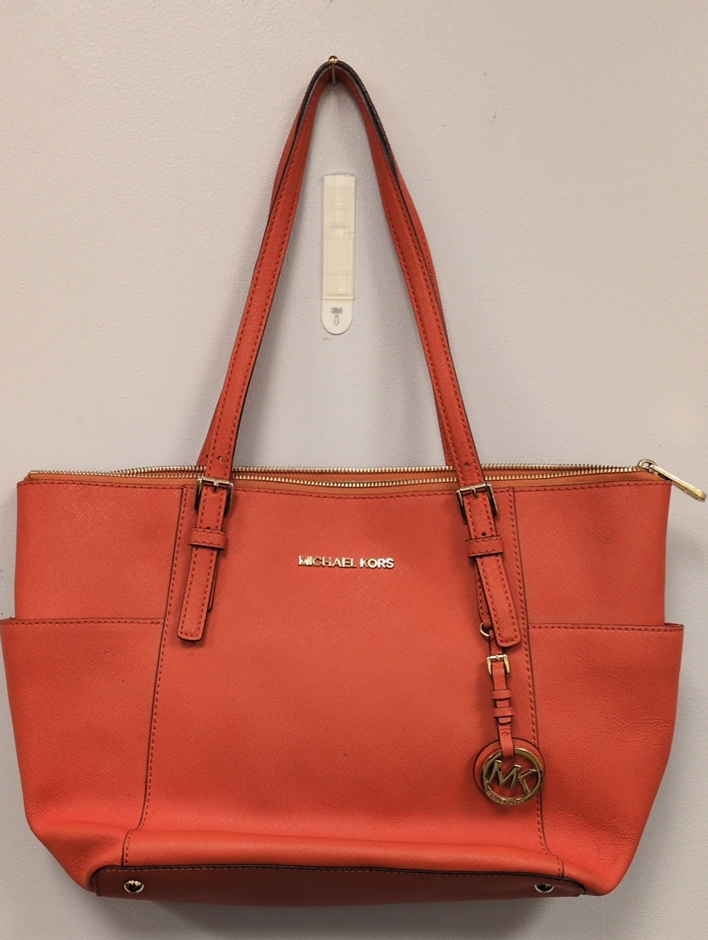 Michael Kors Coral-Orange Leather Tote with MK Charm